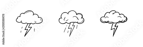 Storm cloud set with bold doodle illustration of a single lightning bolt and playful weather style featuring doodle, lightning, weather with thick lines and white background