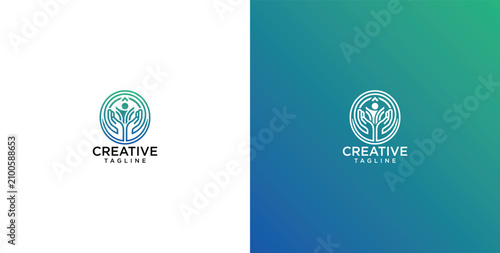 Abstract circular logo depicting a stylized tree of life representing human unity and environmental growth for creative business branding projects