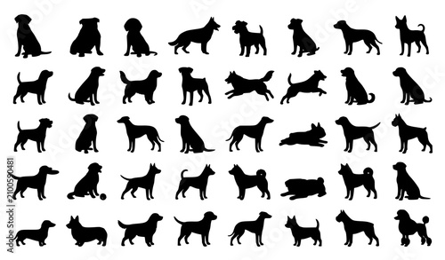Canvas Print Collection of Black Dog Silhouette Poses and Standing Sitting Running Pet Vector