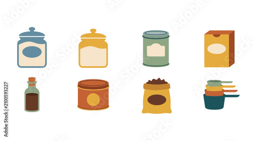 Assorted canned goods and kitchenware, food storage, kitchen utensils, pantry essentials, cooking ingredients, colorful kitchen items, food preservation tools, domestic kitchen decor