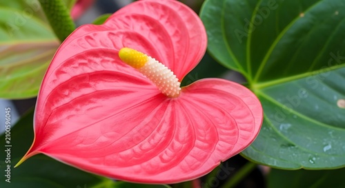 A vibrant pink anthurium flower with a long yellow spadix and heart-shaped petals beside large green leaves
