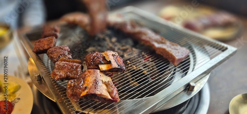 Delicious Marinated Korean Beef Short Ribs Grilling on Charcoal Barbecue