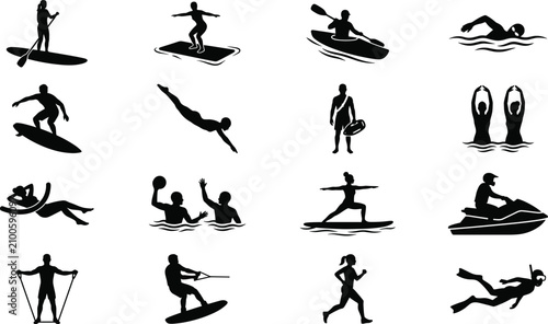 Obraz na płótnie Water Sports and Summer Recreation Silhouette Icon Set with Swimming Surfing and