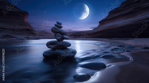 A beautiful, close-up shot of a perfectly balanced zen stone cairn stacked in a shallow, flowing canyon river under a clear night sky featuring a bright crescent moon.