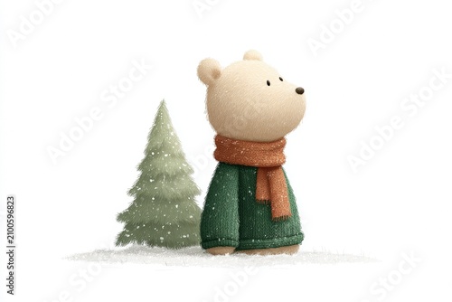 A teddy bear wearing a green dress and scarf standing in the snow next to a christmas tree. the background is a pristine white creating a peaceful winter scene.