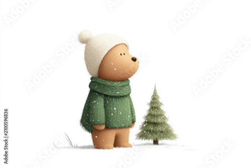 A teddy bear wearing a green scarf and a white cap standing in the snow next to a christmas tree. the background is a pristine white creating a peaceful winter scene.