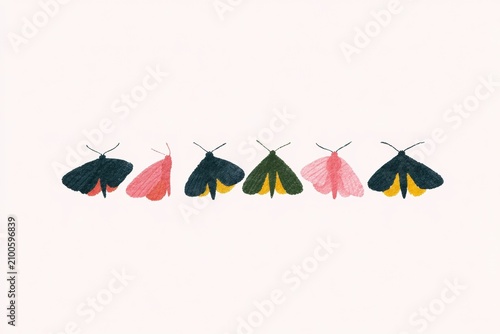 A group of colorful moths on a white background with each moth having a pattern of black pink yellow green and orange. the moths are arranged in a line creating a vibrant and eyecatching display.