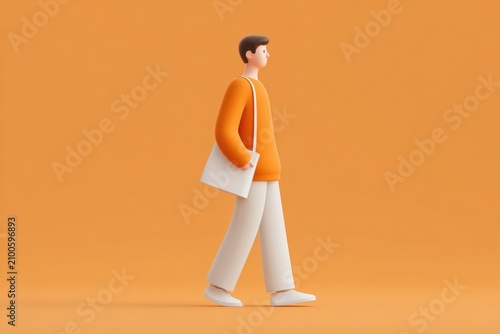 A man in an orange shirt and white pants walking with a briefcase in his hand. he is animated giving the impression of movement.