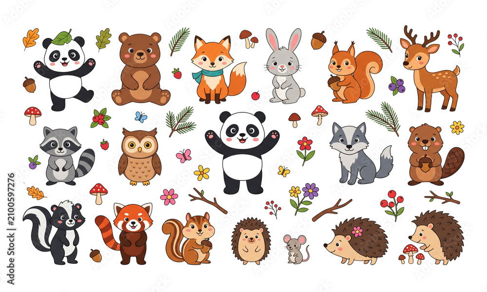 Fototapeta premium Untitled desiAdorable Woodland Forest Animals with Playful Panda Flat Vector Illustration Isolated on White Backgroundgn - 1