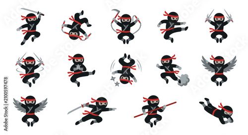 Foto Creative Set of 15 Black Ninja Characters with Red Headbands Performing Diverse