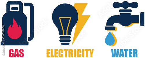 Utility supply gas, water, and electricity icon set vector illustration representing public infrastructure, essential services, and municipal utility designs