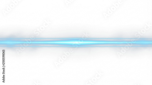 Horizontal cyan neon glowing light line with soft blue mist haze and central bright flare isolated on black background