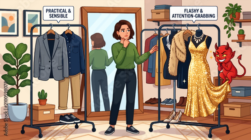 Foto Woman Contemplating Two Outfits: Practical vs