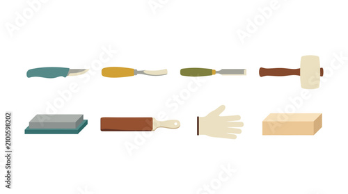 Set of illustrated tools for woodworking and carpentry including knives, chisels, hammer, screwdriver, file, hand gloves, sanding block for home renovation projects