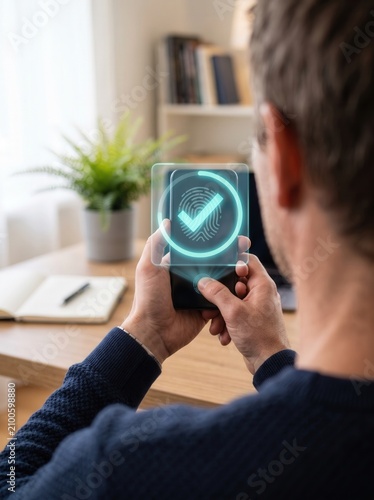 Man holding a smartphone and performing a biometric fingerprint scan which shows a glowing blue checkmark interface to confirm secure identity verification on his mobile device in a modern office.