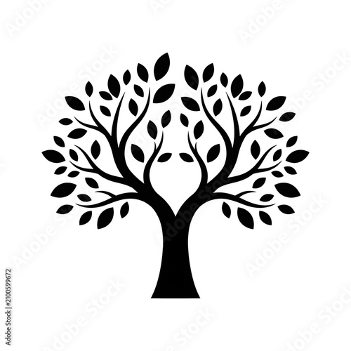 Stylized black tree silhouette with symmetrical branches and leaves on white background representing growth, nature, and life concept