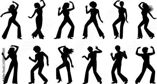 Collection of dancing people silhouettes in various dynamic poses on white background
