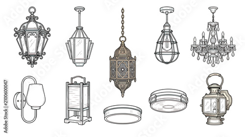 Photos Vintage lighting fixtures and antique lanterns vector set, 10 decorative chandel
