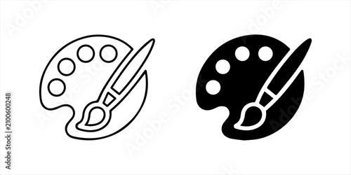 Artist color palette icon set. black Illustration for graphic and web design. Artistic palette and paintbrush icons set in outline. Brush and Palette icon line vector collection. Painter palette 