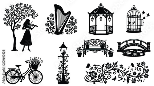 Fotografía Vintage garden silhouettes set, romantic park landscape elements with gazebo and