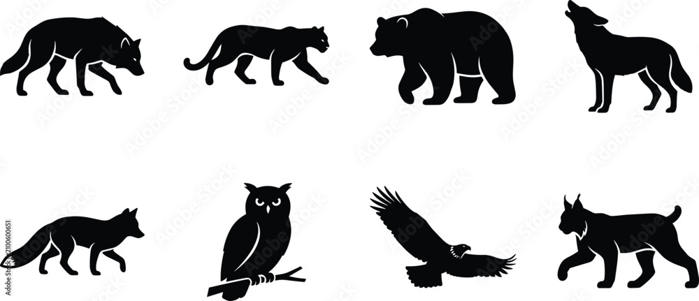 Obraz premium Set of black silhouette icons featuring various North American predatory wildlife and forest animals