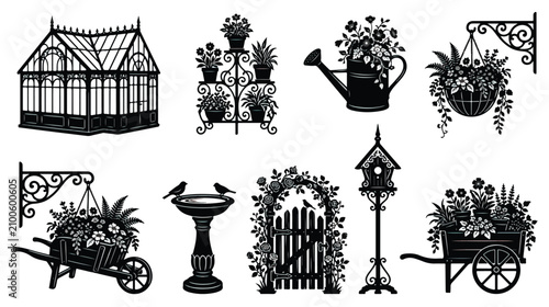 Fotografie Vintage garden silhouette collection, Victorian greenhouse and wrought iron plan