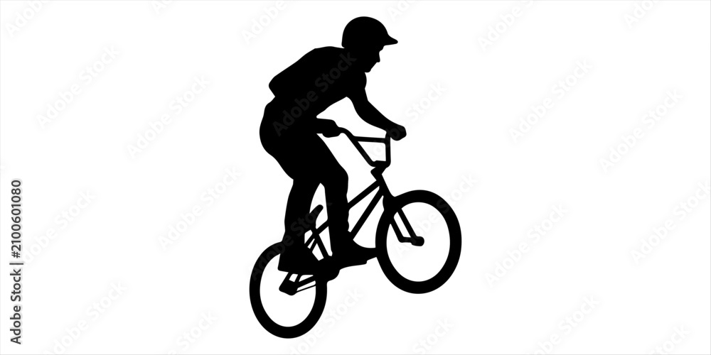 Obraz premium Bicycle Rider Black Silhouette – BMX Cycling Action Sports Vector Icon for Logo, Poster and Branding Extreme BMX Cycling Silhouette – Freestyle Bike Stunt Athlete Vector Illustration for Adventure and