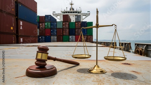 Gavel and balance scale on cargo ship deck symbolize admiralty law, maritime justice, shipping dispute, and lawyer counsel at port.