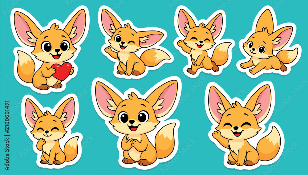 Fototapeta premium Fox fennec sticker different poses, actions, cute mascot. Vector set for stickers, kids content, and fun animal designs.