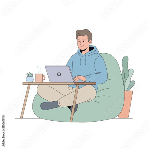 Young Man Working from Home on Laptop in Home Office Flat Vector Illustration