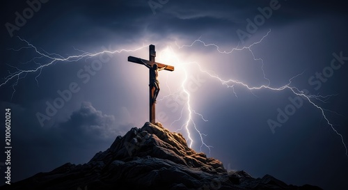 Dramatic silhouette of a figure on a wooden cross atop a rocky hill under a dark, stormy sky illuminated by bright lightning bolts at night, prayer, landscape, redemption