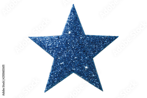Premium blue glitter star sticker with luminous sparkles isolated on transparent background