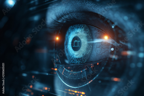 Close-up of a human eye integrated with futuristic technology and glowing circuits.