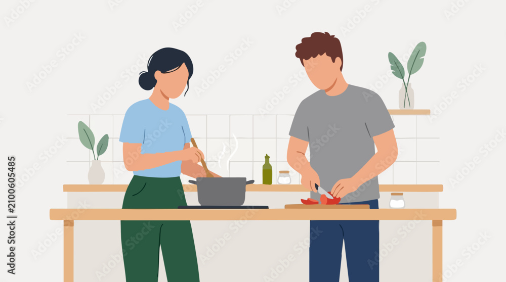 Fototapeta premium Couple cooking together in a modern kitchen, preparing a healthy meal