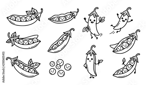 Foto Whimsical pea pod vector collection with smiling vegetable characters in outline