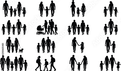 Obraz na płótnie Lineage bonds silhouette pack showcasing active household members on outdoor exc