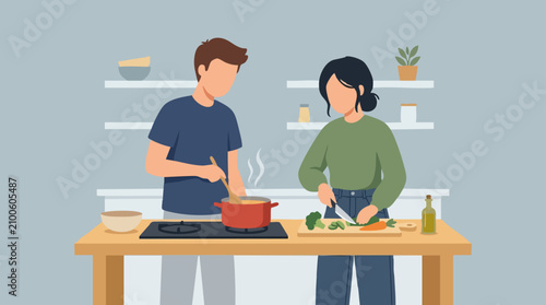 Photos Couple cooking together in modern kitchen, preparing meal with fresh vegetables