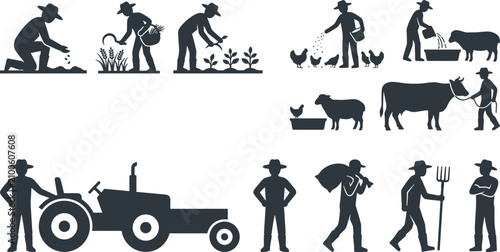 Tableau sur toile Dark silhouettes of agronomy work and harvesting tasks featuring traditional far