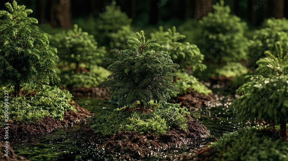 Fototapeta premium Young fir trees growing on mossy mounds beside forest stream