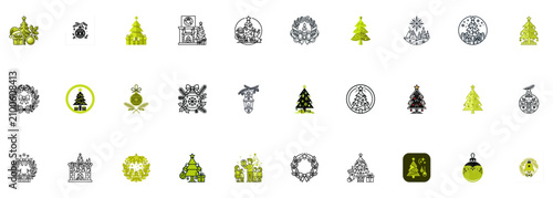 Foto Christmas graphic elements with snowglobes, houses, and mittens in flat style