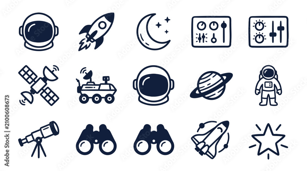 Obraz premium Modern Black and White Space Exploration Icon Set Featuring Astronauts Rockets Telescopes and Planets