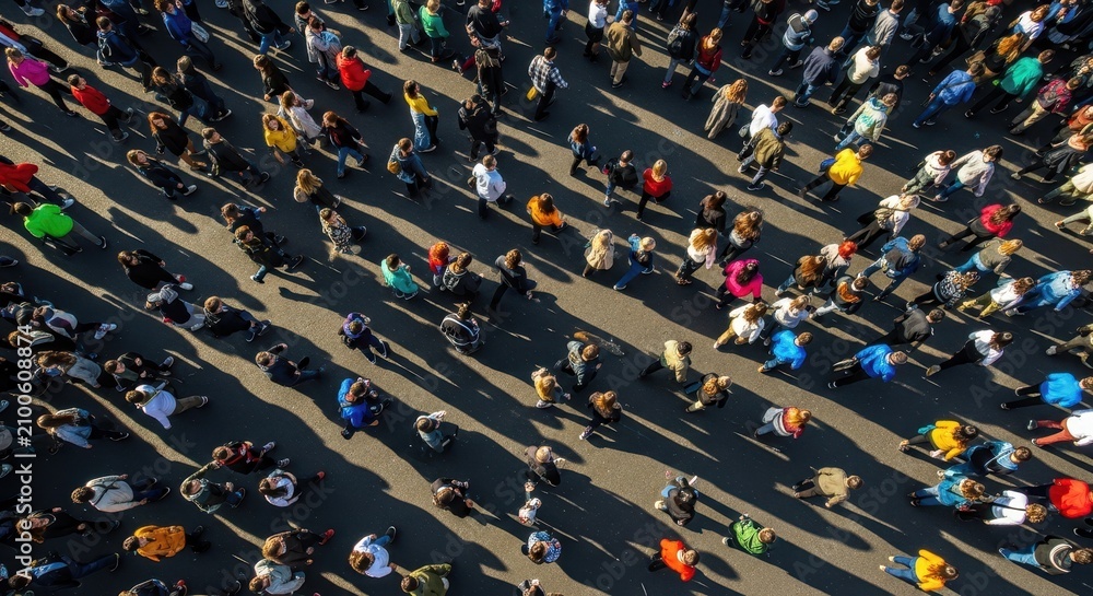 Fototapeta premium High Angle Top Down View of Diverse People Walking on Asphalt Road with Dramatic Long Shadows During Golden Hour