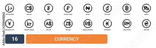 Quadro su tela Set of 16 outline web Currency icons such as Hryvnia, malaysian ringgit, myanmar