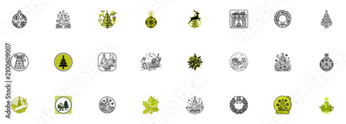 Christmas icon set featuring festive holiday symbols in line art style