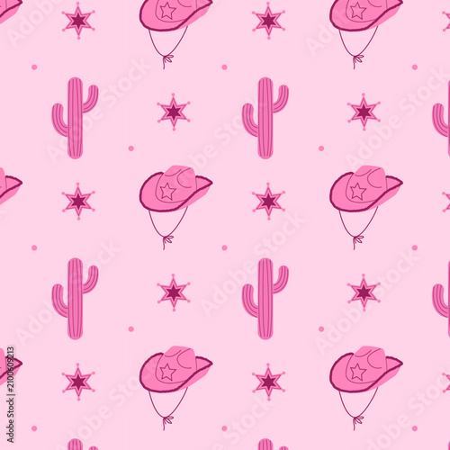 Obraz na płótnie Cute pink cowboy seamless pattern with hats, striped cacti, sheriff star badges,
