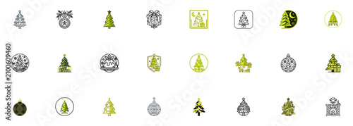 Christmas icon set with trees ornaments and holiday symbols