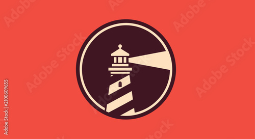 Quadro su tela Minimalist lighthouse circular icon on red background