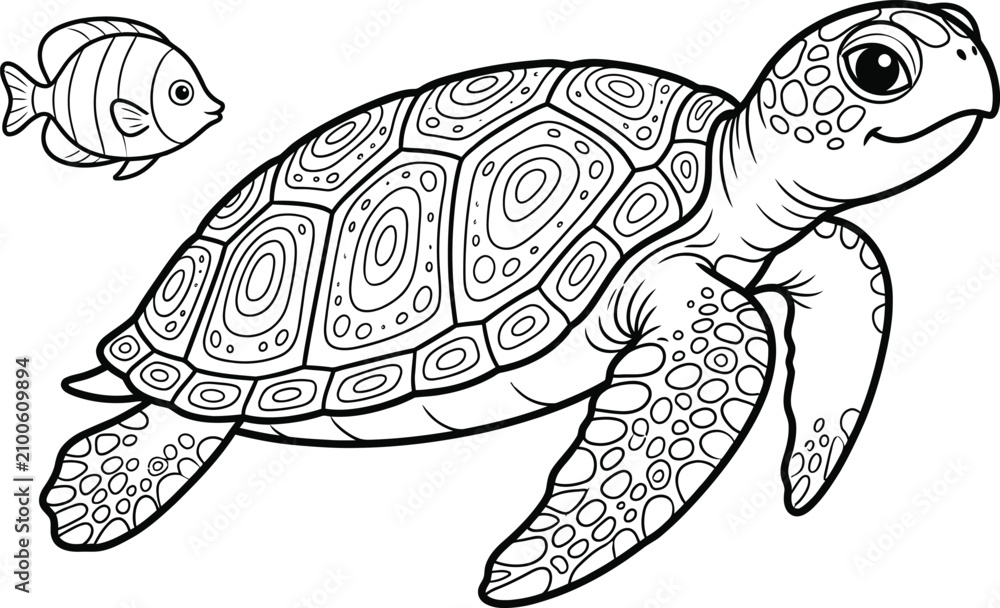 Fototapeta premium Sea turtle and fish swimming underwater coloring page line art