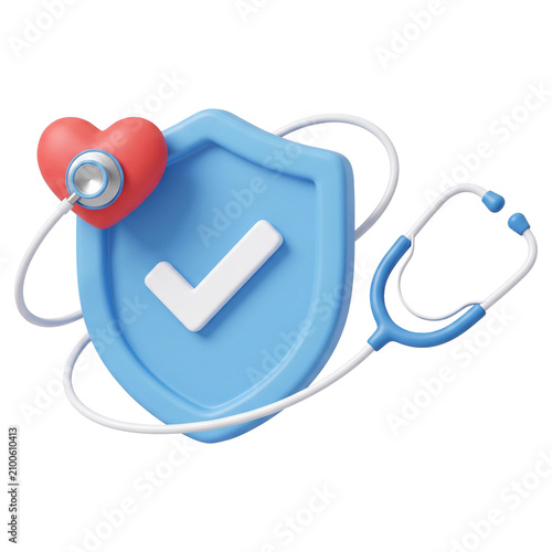 3D health insurance icon blue shield with checkmark red heart and stethoscope medical protection healthcare safety concept isolated on white background vector