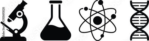 Konstfotografi Science and chemistry laboratory icons of a microscope, erlenmeyer flask with li